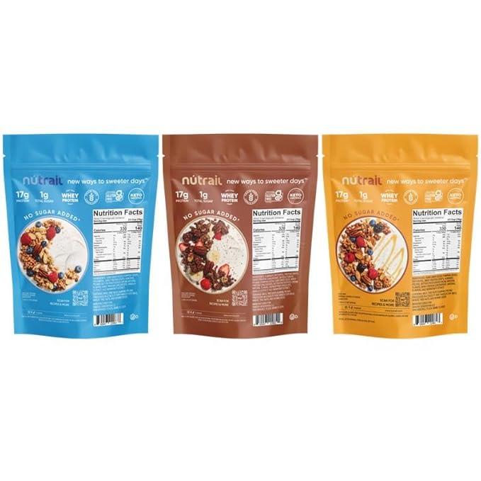 NuTrail 17g Protein Nut Granola Cereal Variety Pack No Sugar Added Keto Low Carb Gluten Free Grain Free Healthy Breakfast 8 oz. 3 Count