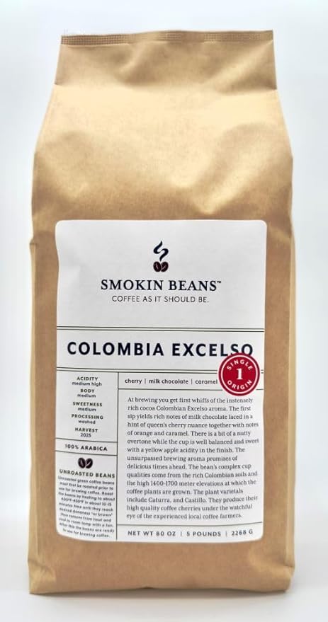 5-Pound Colombia Washed Processing Unroasted Green Coffee Beans Fresh Current Crop Specialty Grade Roast the Beans Yourself at Home on Your Roasting Equipment Prior to Using for Brewing Coffee