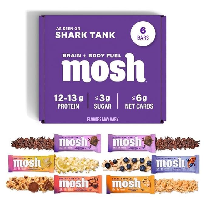 MOSH Variety Pack Keto Protein Bars High Fiber Low Carb Gluten Free High Protein Brain Healthy Snack with Ashwagandha Lion's Mane 6 Count
