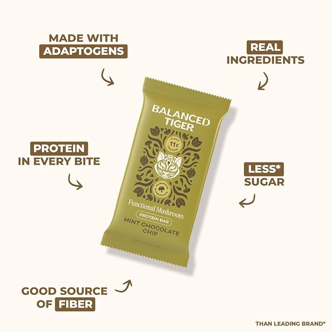 Functional Mushroom Vegan Protein Bars | Made in USA | Full Dose Lions Mane Shitake Reishi &amp Maitake Bars | Plant Protein Bars w/Adaptogens &amp Superfoods | Mint Chocolate Chip Flavor