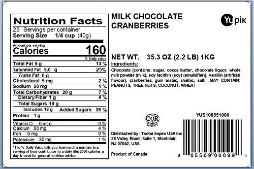 Yupik Milk Chocolate Covered Cranberries 2.2 lb (35.2 oz) Kosher Dried Fruits Dried Cranberries Dipped in Fine Milk Chocolate Smooth &amp Chewy Sweet Snacks Chocolate Candy For Topping &amp