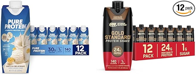 Pure Protein Vanilla Protein Shake 30g Complete Protein Vitamins A C D and E plus Zinc &amp Optimum Nutrition Gold Standard Protein Shake 24g Protein Ready to Drink Protein Shake