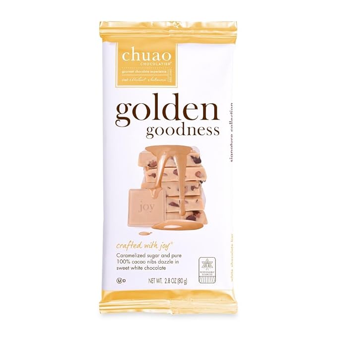 Chuao Chocolatier Golden Goodness White Chocolate Bars | Gourmet Chocolate Cacao Nibs Artisan European No Preservatives | For Gift Baskets Christmas Valentines Day Gifts for Women Men | 12 Pack