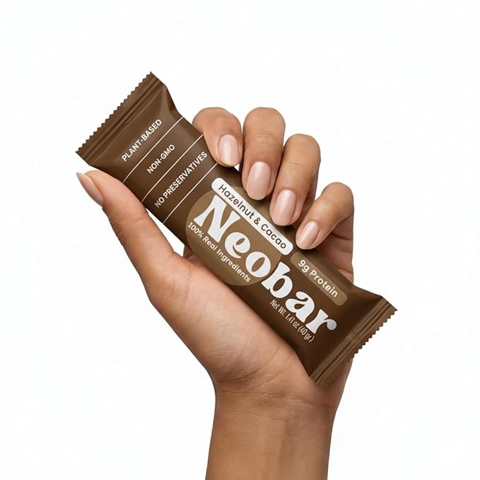 NEOBAR 9g Plant-Based Protein Fruit and Nut Bars - Vegan Snack Bars Gluten Free Dairy Free Snacks No Preservatives No Refined Sugars Added Non-GMO | Hazelnut &amp Cacao 12 Count