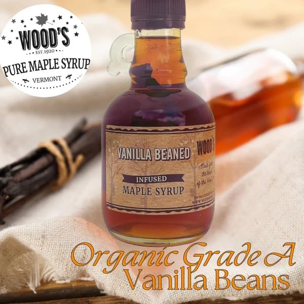 WOOD'S Vanilla Beaned Maple Syrup – Infused Vermont Maple Syrup with Real Vanilla Bean Pod | Smooth Rich All-Natural &amp Vegan Sweetener | Perfect for Breakfast Baking Seafood Popcorn &amp Mor