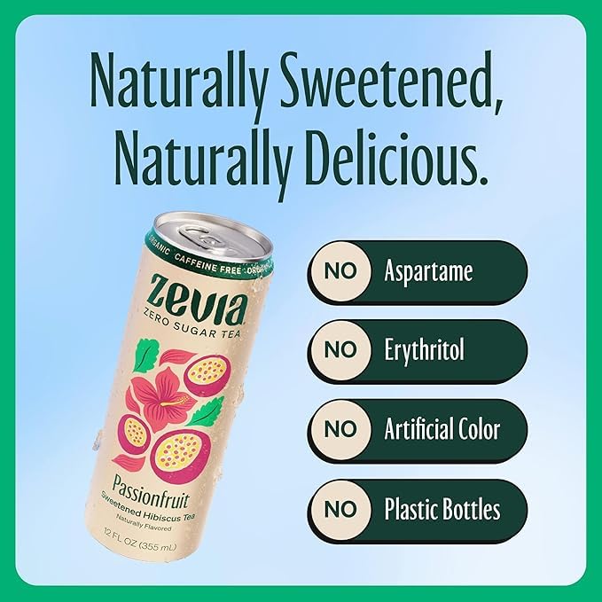 Zevia Zero Sugar Tea Hibiscus Tea with Passionfruit Caffeine Free 12 oz Cans (12-Pack) – Naturally Sweetened Zero Calorie Sugar Free - Non-GMO Project Verified Gluten-Free Vegan