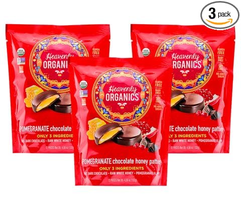 Heavenly Organics Pomegranate Chocolate Honey Patties 3 Bags- 12 Single/bag -4.66oz (132g)  Made with 100% Organic Cocoa and 100% Sweeten with Organic Raw White Honey Non-GMO Fair Trade Kosher Da