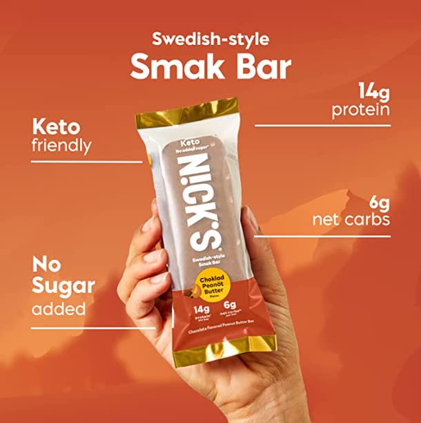 Nick's Smak Bar Protein Bar Chocolate Peanut Butter Eat Cold No Added Sugar Protein Keto Snack 14g Protein 6g net carbs 8 Count