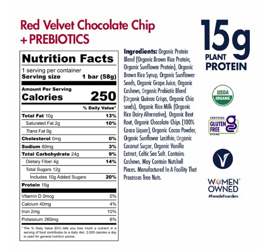SHANTI BAR Plant Protein + Immunity Superfoods Prebiotics | Vegan Gluten Free Paleo Raw Healthy Snack Certified Organic Low Glycemic No Refined Sugars | Red Velvet Chocolate Chip | 12 Count