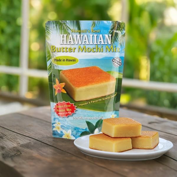Hawaii's Best Butter Mochi Mix Hawaiian Snacks Baking Mix Authentic Island Dessert Made with Sweet Rice Flour &amp Coconut Milk Gluten Free Pancake Mix Easy-to-Make Chewy Treat for Family 15 oz