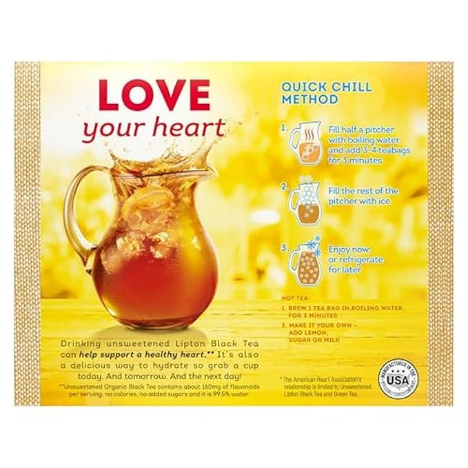 Lipton Organic Tea Bags Tastes Great Hot or Iced Organic Black Tea Can Help Support a Healthy Heart 5.74 oz 72 Count Pack of 5