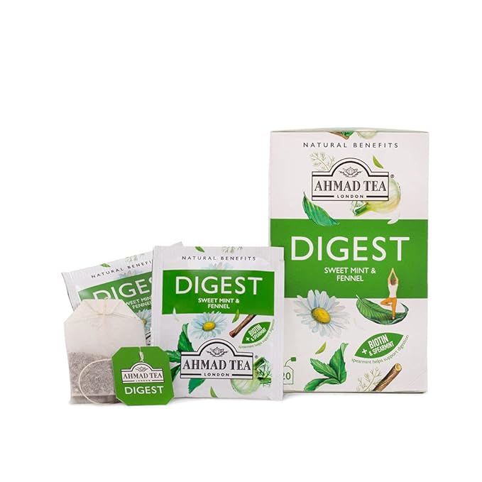 Ahmad Tea Herbal Tea Sweet Mint Fennel &amp Biotin 'Digest' Natural Benefits Teabags 20 ct (Pack of 6) - Decaffeinated &amp Sugar-Free