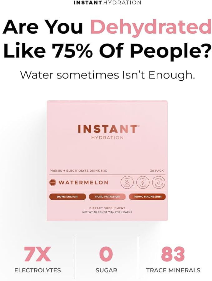 Instant Hydration Electrolytes Powder Packets - Watermelon Electrolyte Drink Mix - Zero Sugar - Keto Vegan Gluten-Free Non-GMO - Boost Recovery Brain Health Muscle &amp Tissue Support- 30 Sticks