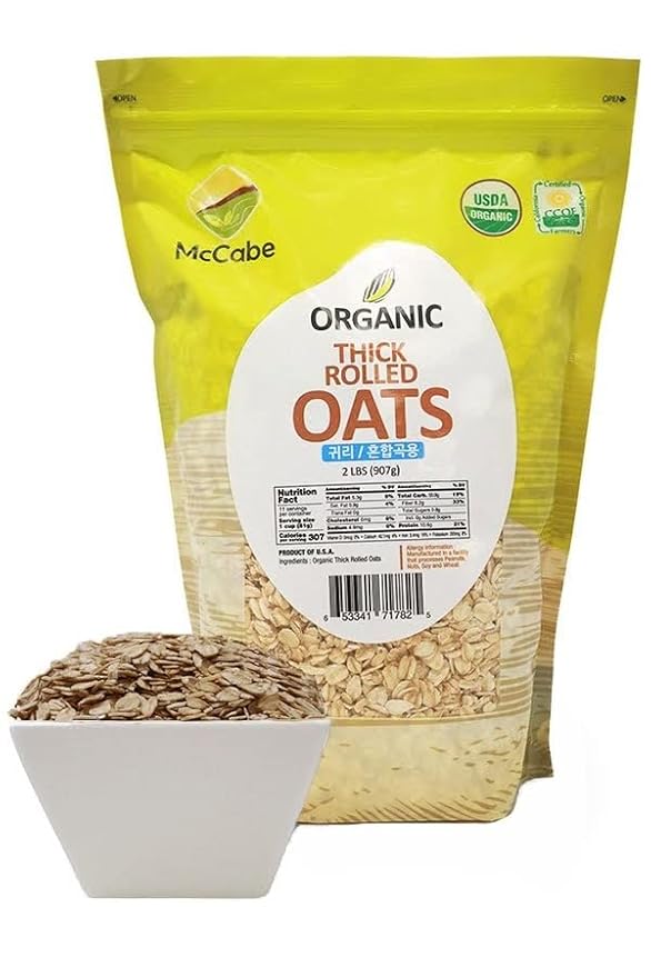 McCabe Organic Thick Rolled Oats - Extra Thick Rolled Oats | Rich with Fiber &amp Minerals | USDA and CCOF Certified | Product of USA | 2Lbs | Pack of 3.