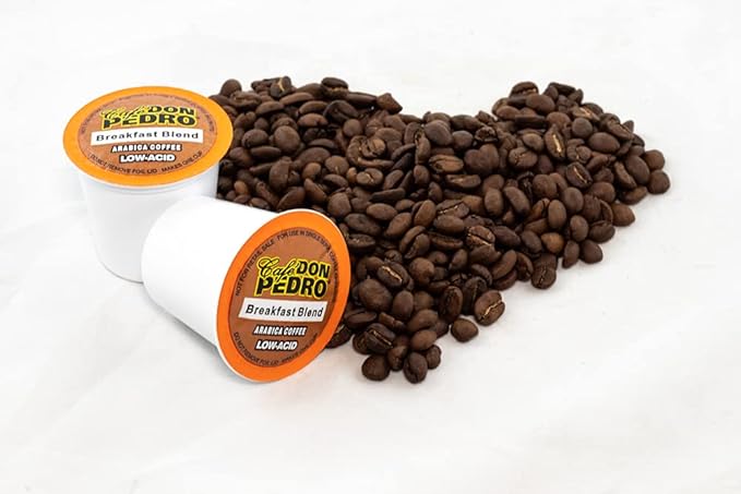 Cafe Don Pedro Breakfast Blend Low Acid Coffee Pods for Keurig K-cup -72 K Cups - Medium Roast Naturally Low AcdC Coffee K Cups -100% Arabica Stone Ground Smooth and Bold Flavor