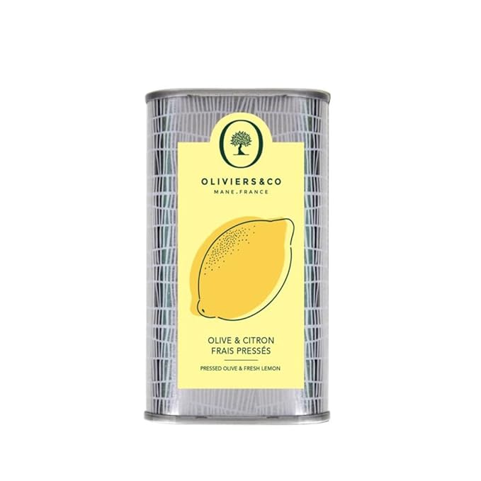 Cold Pressed Lemon Olive Oil by Oliviers &amp Co | Italian Extra Virgin Olive Oil with Fresh Whole Lemons | Gourmet Holiday Gift for Seafood Vegetables &amp Desserts | 8.4 Fl Oz Metal Tin