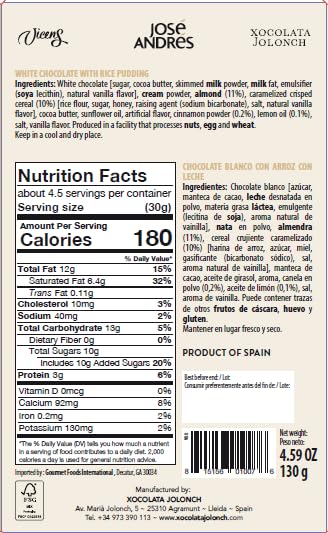 José Andrés White Chocolate With Rice Pudding 4.59 oz