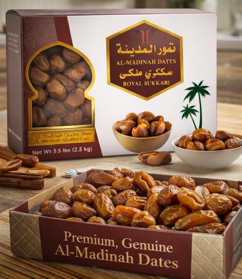 Al-Madinah Royal Sukkari Dates – Premium Saudi Dates Naturally Sweet Whole Dates 2.5 kg (5.5 ib) Family Size Box- perfect Tamr for Ramadn and fasting and breakfast