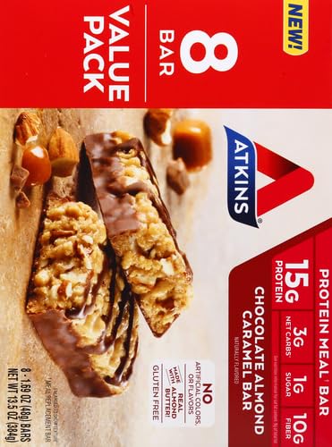 Atkins Chocolate Almond Caramel Protein Meal Bar High Fiber 15g Protein 1g Sugar 3g Net Carbs Meal Replacement Keto Friendly 8 Count