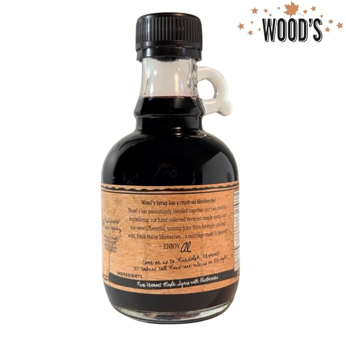 WOOD'S Blueberry Crush Maple Syrup – Small-Batch Vermont Maple Syrup Infused with Real Blueberry Flavor | All-Natural Vegan Sweetener for Pancakes Desserts Cocktails &amp Baking | 8.45 Fl Oz (250m
