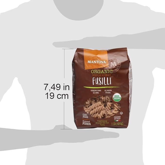 Mantova Italian Organic Whole Wheat Fusilli Pasta - 100% Durum Semolina Organic Whole Wheat Fusilli - 16 Oz - Product Of Italy Package May Vary 1 Pound (Pack of 6)