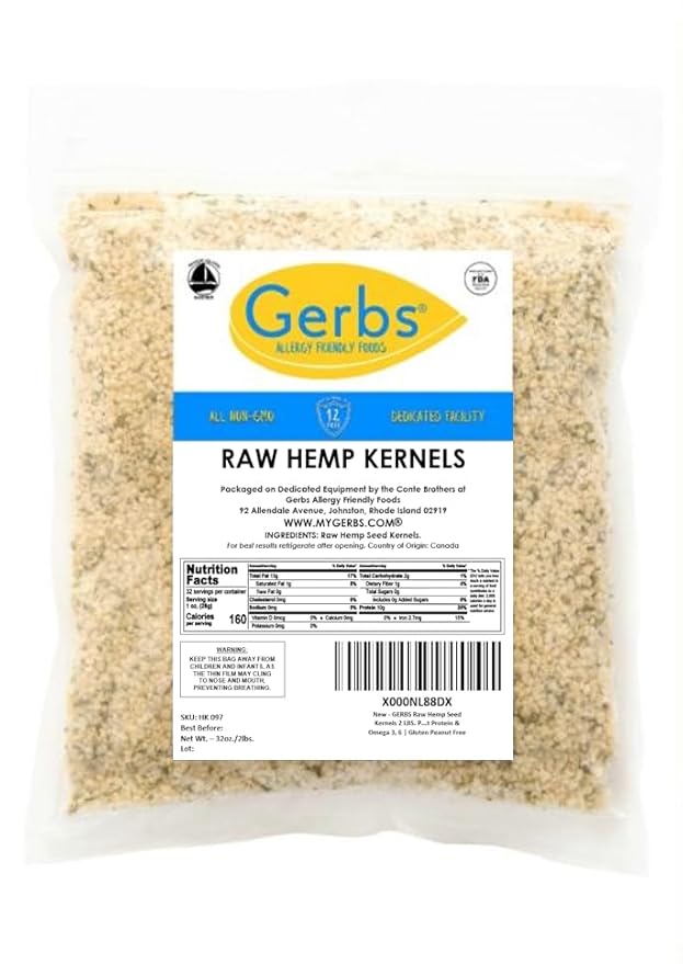 Gerbs Raw Hemp Seed Kernels 2 lbs. | Hulled No Artificial Additives Resealable Bag | Mild Nutty Taste | Top 14 Allergen-Free