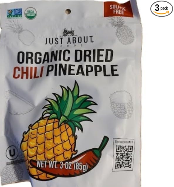Just About Foods Organic Dried Chilli Pineapple - 3 Ounces (Pack of 3)