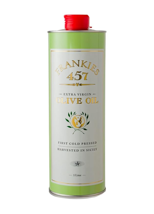 Frankies 457 Everday Extra Virgin Olive Oil - Premium Castelvetrano Olive Oil - Harvested in Sicily - Pure Authentic Italian - Monovarietal - Rich in Flavor - First Cold Pressed - 33.8 fl oz (1 L)