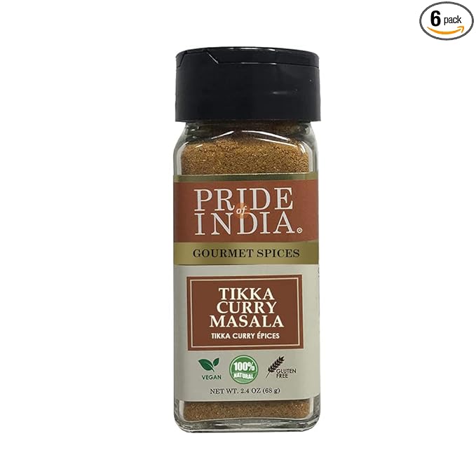 Pride of India - PACK of 6 - Tikka Curry Masala Seasoning Spice – Gourmet Curry Mix – Ideal for Vegetarian and Meat Dishes – Natural &amp GMO Free – Easy To Use - 2.4 oz. Small Dual Sifter Bottle