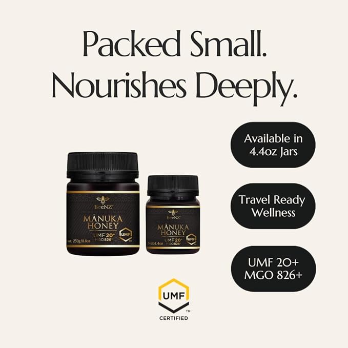 BeeNZ Raw Manuka Honey Certified UMF 20+ (MGO 829+) Pure New Zealand Manuka Natural Sweetener Superfood Honey for Wellness Support No Sugar Added Traceable from Hive to Jar Travel Friendly Size
