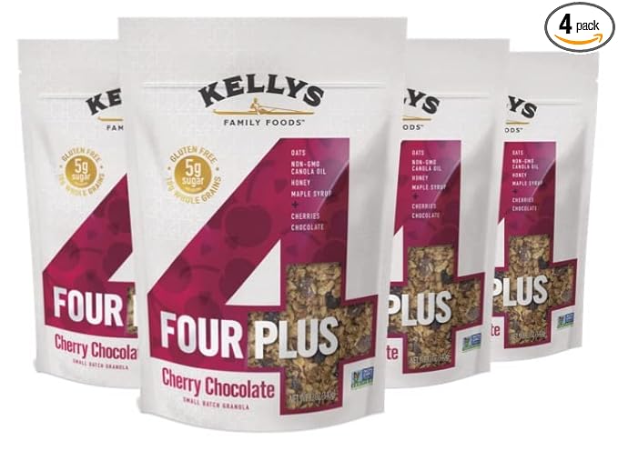 Kellys Four Plus Granola Cereal | Cherry Chocolate Healthy Granola for Yogurt | Hand Made Snacks for Breakfast - 12 oz (Pack of 4)