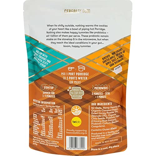Probiotic Oat Porridge By Blue Frog Breakfast - A Delicious Vegan Instant Porridge from Rolled Oats - Manuka Honey and Hemp Heart 360g ( Pack of 4) (Made in New Zealand)