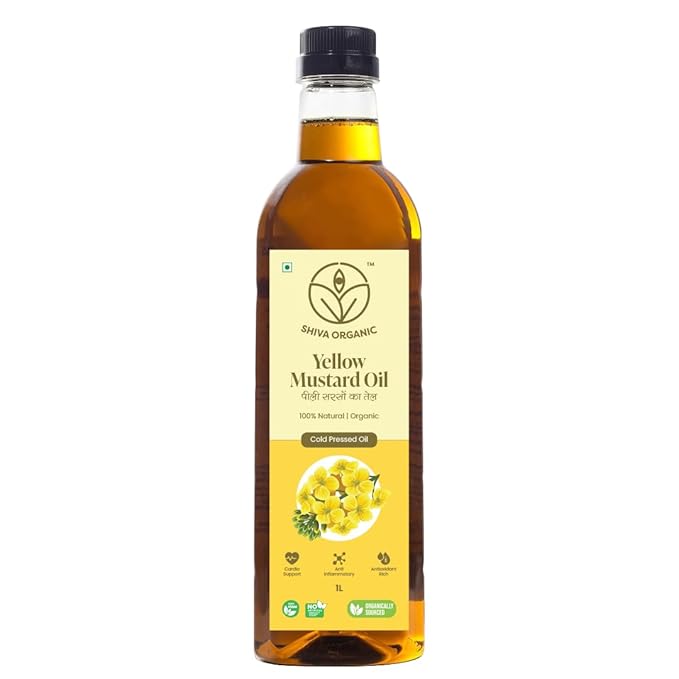 Shiva Organic Cold-Pressed Yellow Mustard Oil - 100% Natural Certified Organic - 1L (33.8 fl oz) for Cooking Massage and Hair Care