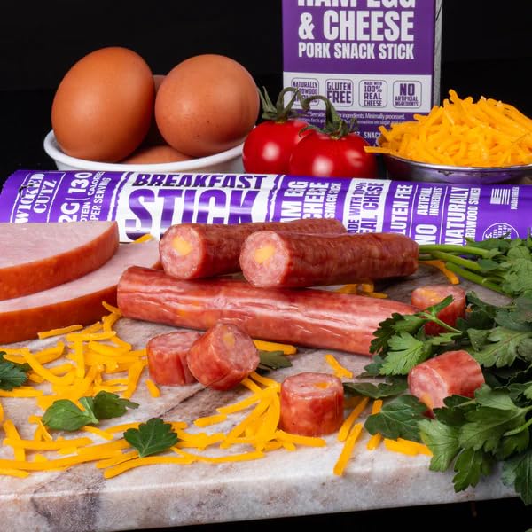 Wicked Cutz Ham Egg and Cheese Stick 12g Protein Per Gluten Free Breakfast Stick USA Made High Protein Carnivore Snacks Breakfast Meat Sticks (12 Sticks)