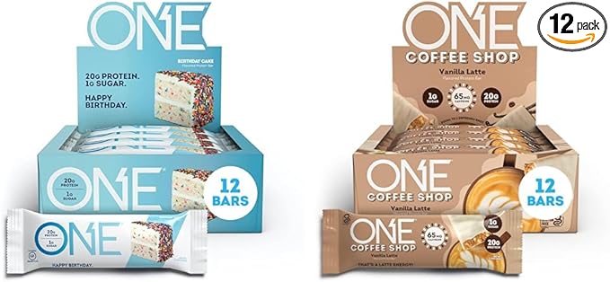 ONE Protein Bars Birthday Cake &amp Coffee Shop Vanilla Latte Gluten Free with 20g Protein 12 Count Each