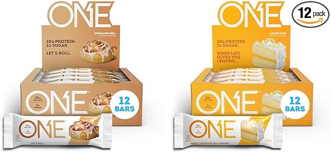 ONE Protein Bars Cinnamon Roll Gluten Free Protein Bars with 20g Protein and Only 1g Sugar &amp Protein Bars Lemon Cake Gluten Free Protein Bars with 20g Protein and only 1g Sugar