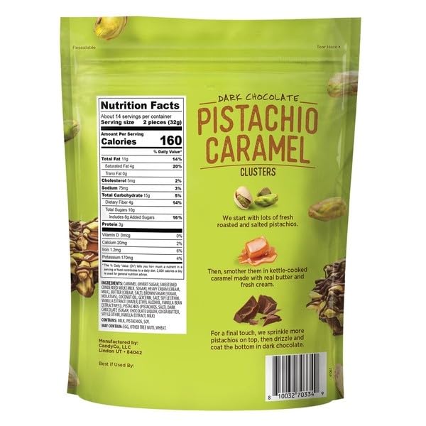 Pistachio Clusters Dark Chocolate Roasted &amp Salted Pistachios Kettle-Cooked Caramel. [ 16 oz 1 lb ]