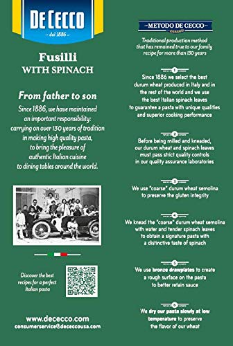 De Cecco Pasta Spinach Fusilli No.34 12 OZ (Pack of 12) - Made in Italy High in Protein &amp Iron Bronze die (VKP0034)