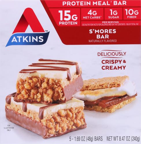 Atkins S’mores Protein Meal Bar High Fiber 1g Sugar 4g Net Carbs Meal Replacement Keto Friendly 5 Count