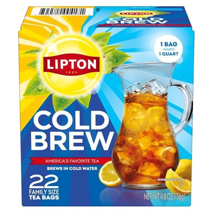 Lipton Cold Brew Black Tea Bags Family Size 6-Pack 132 Total Bags Rainforest Alliance Certified Iced Tea Bags for Smooth Crisp Refreshing Cold Brewing Experience