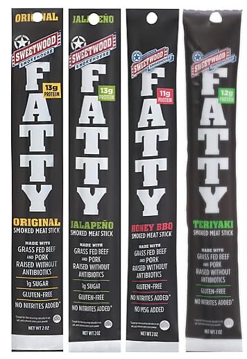 Fatty Smoked Meat Sticks Variety Grass Fed Beef and Pork Meat Snacks High Protein Snack Original Jalapeno Honey BBQ and Teriyaki 2 Ounce (Pack of 16) - Bundled with Make Your Day Bag Clip