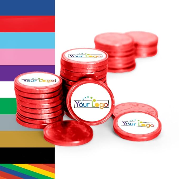 80ct Logo Candy Chocolate Coins with Company Logo Business Promotional Items (80 Pack) Personalized Tradeshow &amp Marketing Giveaways - Red
