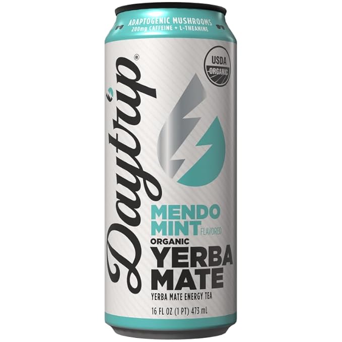 Daytrip Organic Yerba Mate Energy Drink- Clean Plant Based Caffeine (200mg) with Adaptogenic Mushrooms and Green Tea for Focus and Brain Fog - Low Calorie Low Sugar (12 Pack Case)