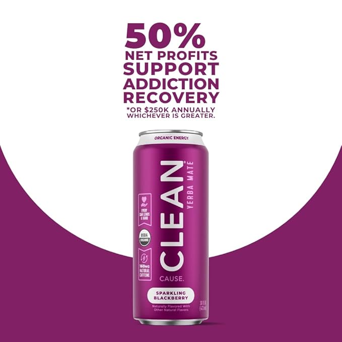 CLEAN Cause Low Calorie Blackberry Yerba Mate Tea Sparkling USDA Organic Energy Drink Alternative Low Sugar 160mg Natural Caffeine Soda Alternative Plant-Based (16oz cans 12-Pack Case)