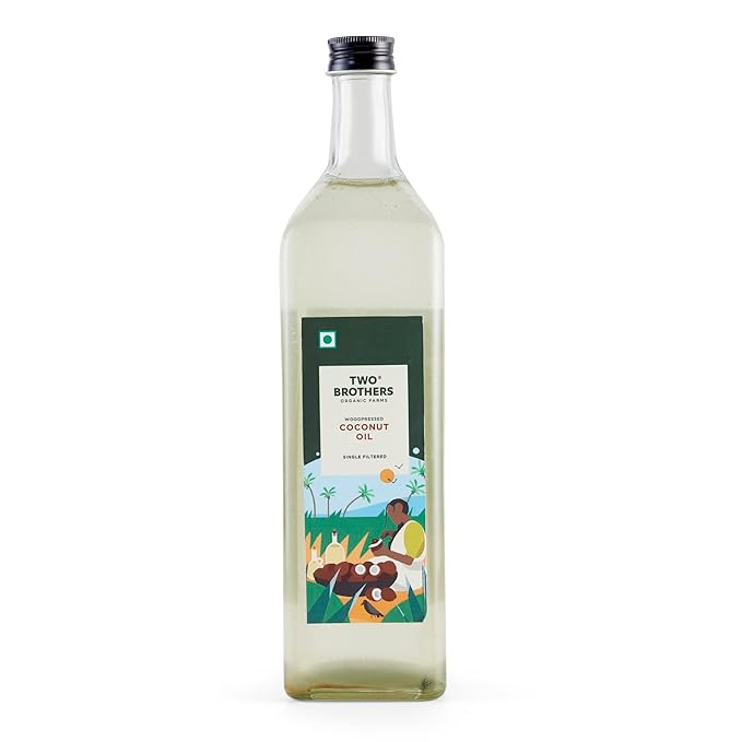 Two Brothers Organic Farms Wood Pressed Coconut Oil Kacchi Ghani/Mara Chekku Natural and Unrefined 1 Ltr (1000Ltr Glass Bottle)