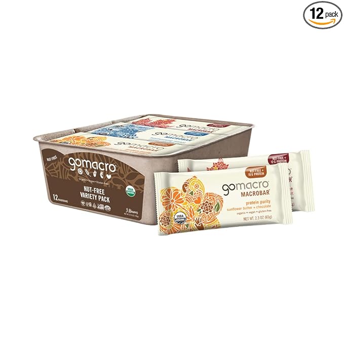 GoMacro MacroBar Organic Vegan Protein Bars Nut Free Variety Pack 2.3 Oz 12 Count