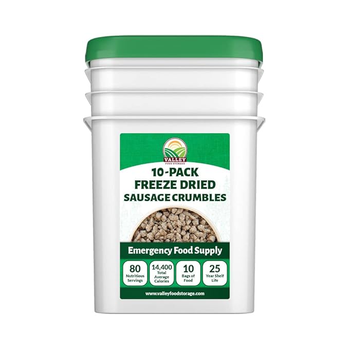 Valley Food Storage Freeze Dried Sausage Crumbles | 10-Bag Bucket 85 oz | Premium Emergency Food Supply 25 Year Shelf Life | Prepper Supplies Survival Food Camping &amp Off-Grid Living | Packaged
