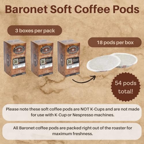 Baronet Coffee Pods [Cinnamon Hazelnut-54 Pods] Flavored Single Cup Use Like Senseo [3 Boxes of 18 Single Serve 10 Gram] Regular Strength Medium Roast [Cinn Hazel]