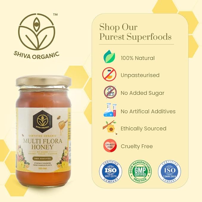 Shiva Organic's Multi Flora Honey - NPOP Organic Certified NMR Tested Natural Honey No Added Sugar Flavorful - 8.81 Ounces (250g)