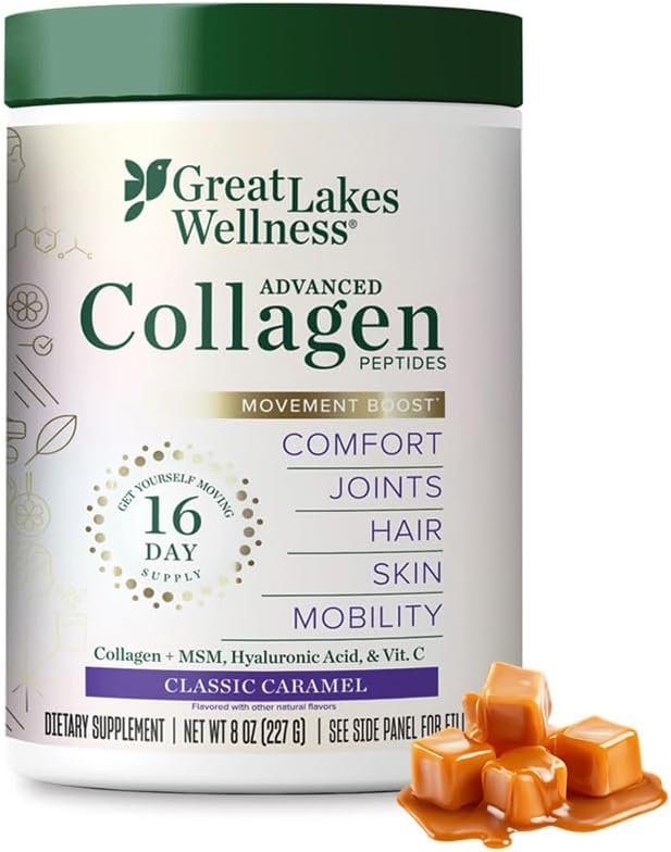 Great Lakes Wellness Movement Boost Advanced Collagen Peptides Powder with MSM Hyaluronic Acid Vitamin C - Joint Mobility &amp Comfort - Caramel Flavored - Non-GMO Keto Kosher - 8 oz